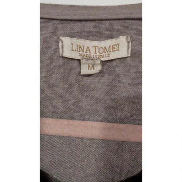 Lina Tomei Made in Italy Linen Dress Womens M Taupe Beaded Neck Shift Pockets - Picture 4 of 8